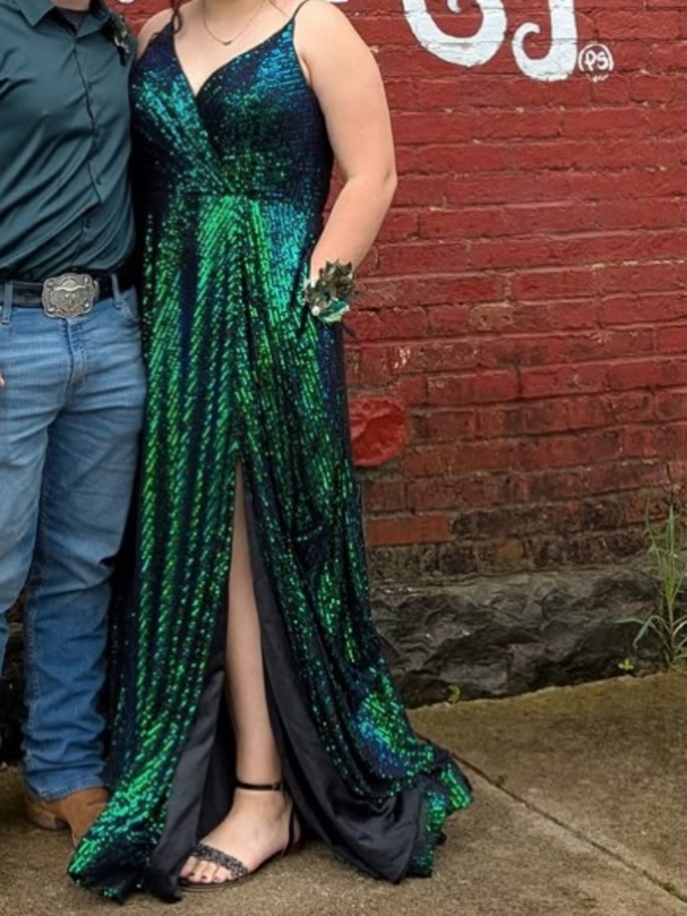 Sequined Green and Blue V-Neck Prom Dress
